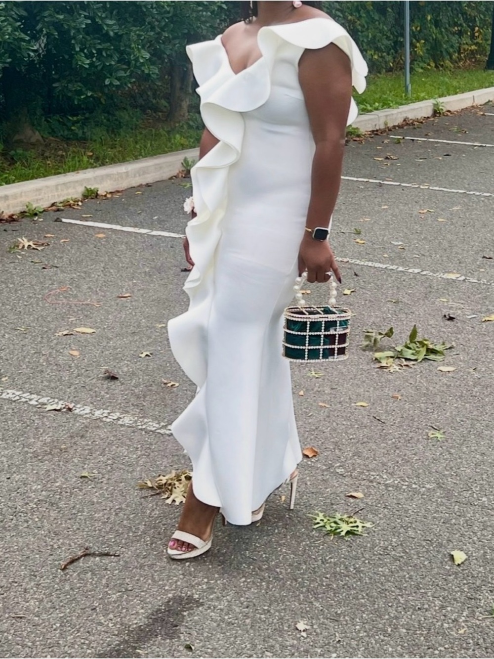 Fashion Nova White Ruffle One-Shoulder Maxi Dress